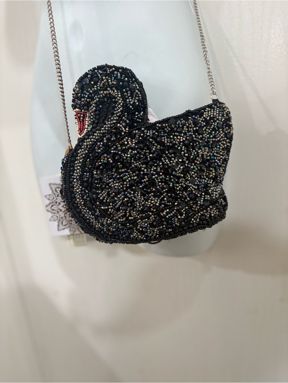 From India to you  Black Beaded sequin Swan Crossbody Bag - Evening Purse